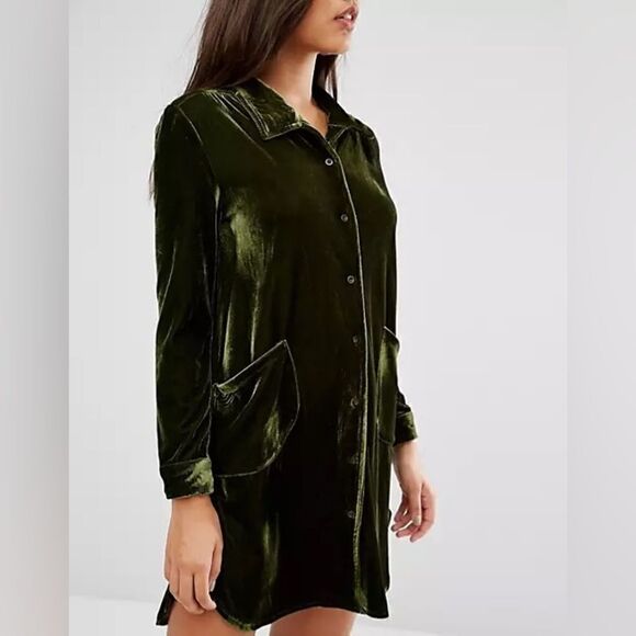 Papillon Long Sleeve Velvet Mini Shirt Dress - Picture 1 of 5